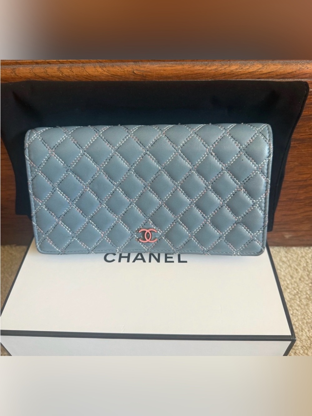 Authentic CHANEL Quilted Lambskin Long Flap Yen Wallet - Blue/Grey with Pink CC
